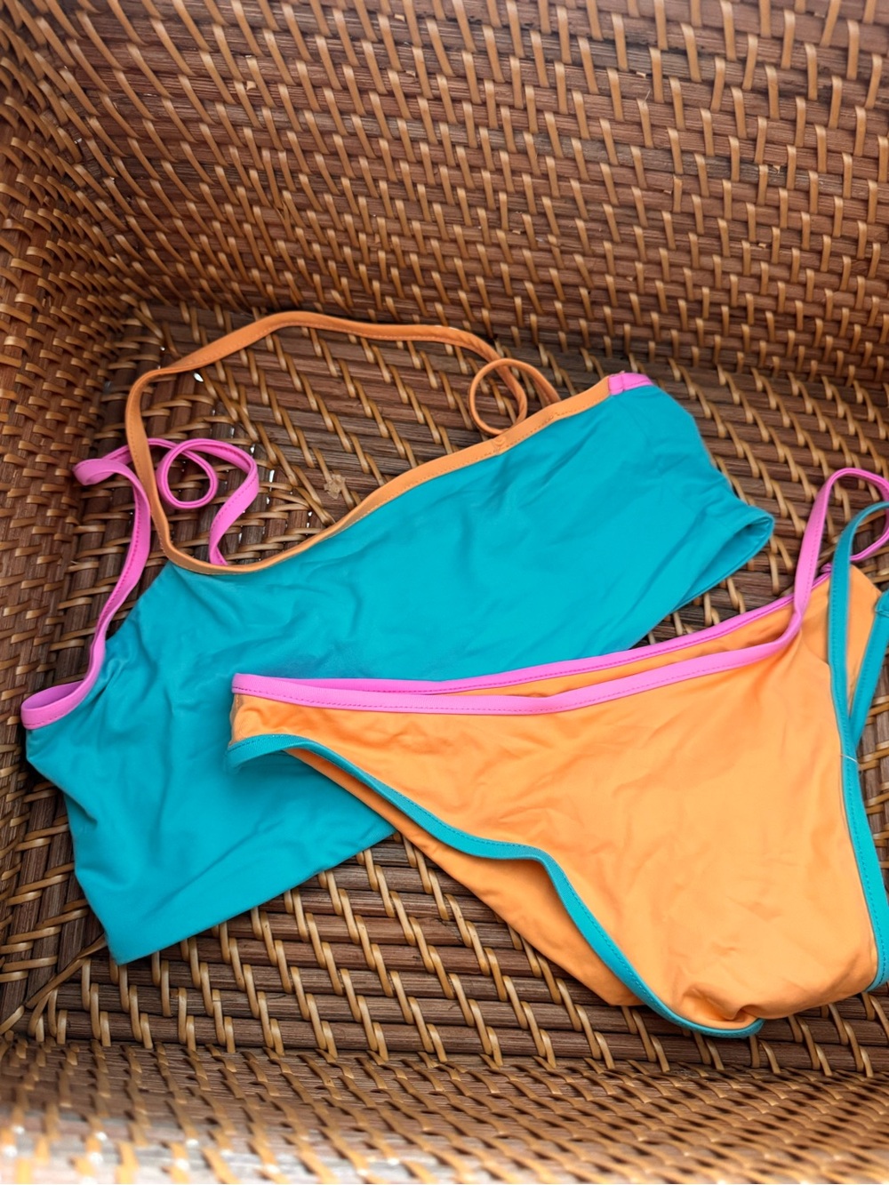 Stone Fox Swim Teal and Orange Colorblock Bikini with Pink Trim